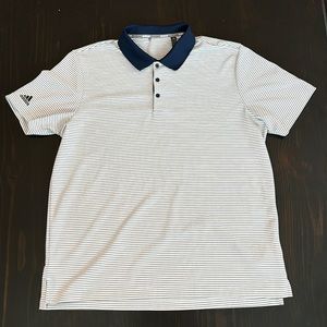 Adidas Men’s Golf Polo White Navy Blue Stripes with Navy Blue Collar SZ XL
